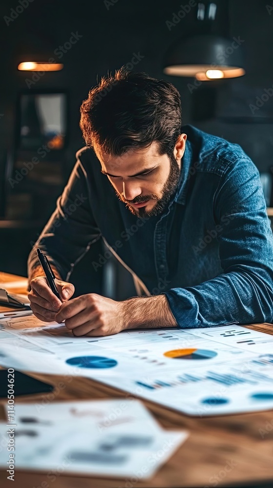 Man reviewing financial charts and graphs at his desk