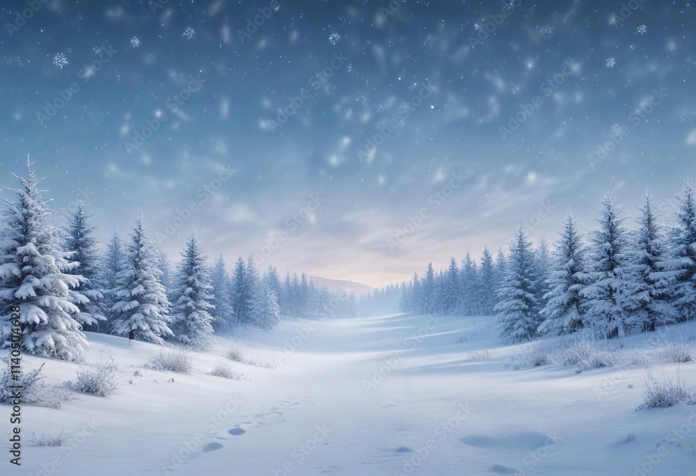 Gradual blue and white gradient background with small symmetrical snowflakes falling through a serene winter landscape , snowy scene, gentle snowfall Gradual blue and white gradient background with small symmetrical snowflakes falling through a serene winter landscape , snowy scene, gentle snowfall