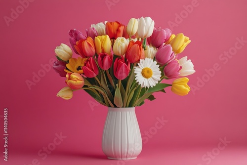 Colorful tulips and daisy in a vase against a pink background create a cheerf...