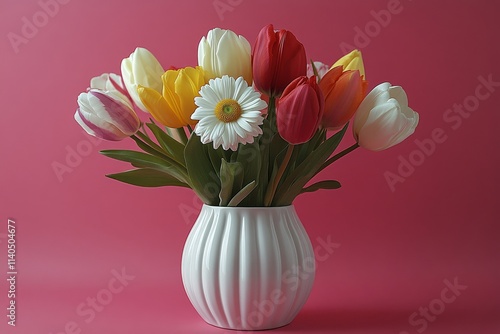 Colorful tulips and daisy in a vase against a pink background create a cheerf...