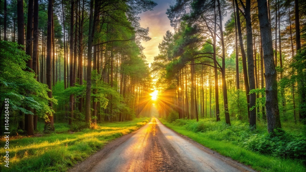 Fototapeta premium sunset over forest road with green tree silhouettes