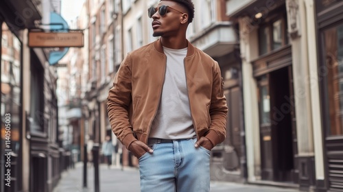 Fashion design in mocha mousse stylish streetwear look in urban setting captured from a contemporary viewpoint