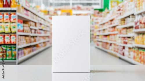 White blank cereal box mockup in a grocery aisle, emphasizing real-world context for product branding displays