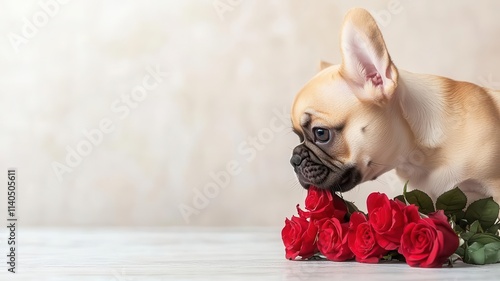 A French Bulldog puppy sniffing a bouquet of roses on a modern Valentine themed table photo