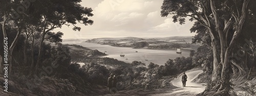 An engraving of the view from high above Fowey Bay in Cornwall, set against an English landscape with trees and hills.