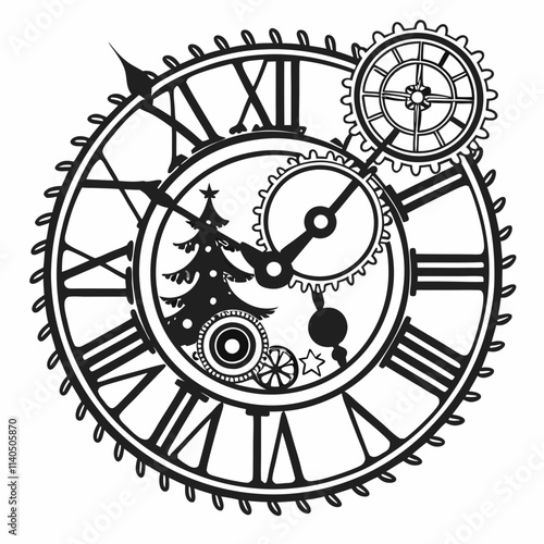 Steampunk Christmas clock Clipart, Steampunk Christmas clock Black silhouette