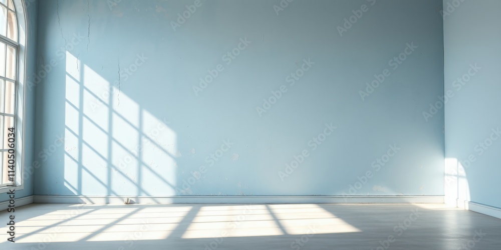 Fototapeta premium Empty room with light blue walls and sunlight streaming through a window