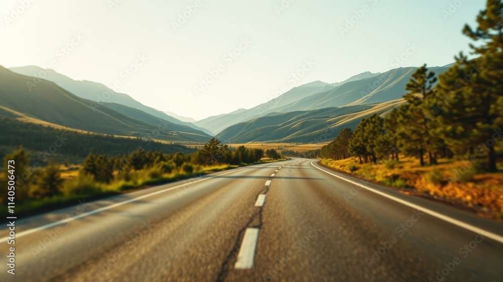 Naklejka premium Asphalt ribbon unwinding through a sunlit valley, flanked by verdant hills and a tranquil forest