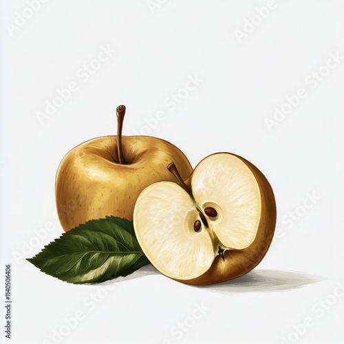 Freshly picked golden apples with leaves presented on a plain background