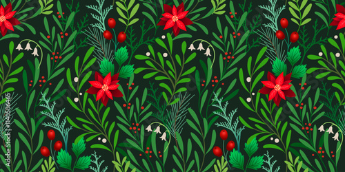 X mas floral seamless pattern with leaves, fir branches, holly berry, mistletoe, poinsettia flowers. Christmas holiday background for postcard, cover, banner, label, print, fabric, wrapping, wallpaper