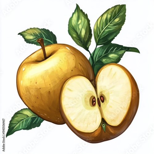 Freshly picked golden apples with leaves presented on a plain background