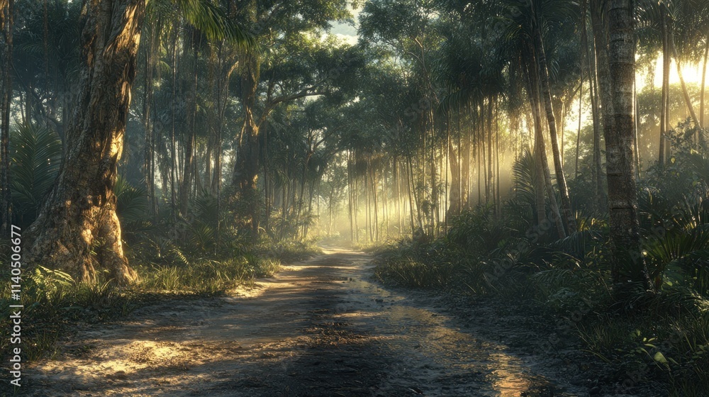 Sunlit path through misty tropical jungle. Sunlit path through misty tropical jungle.