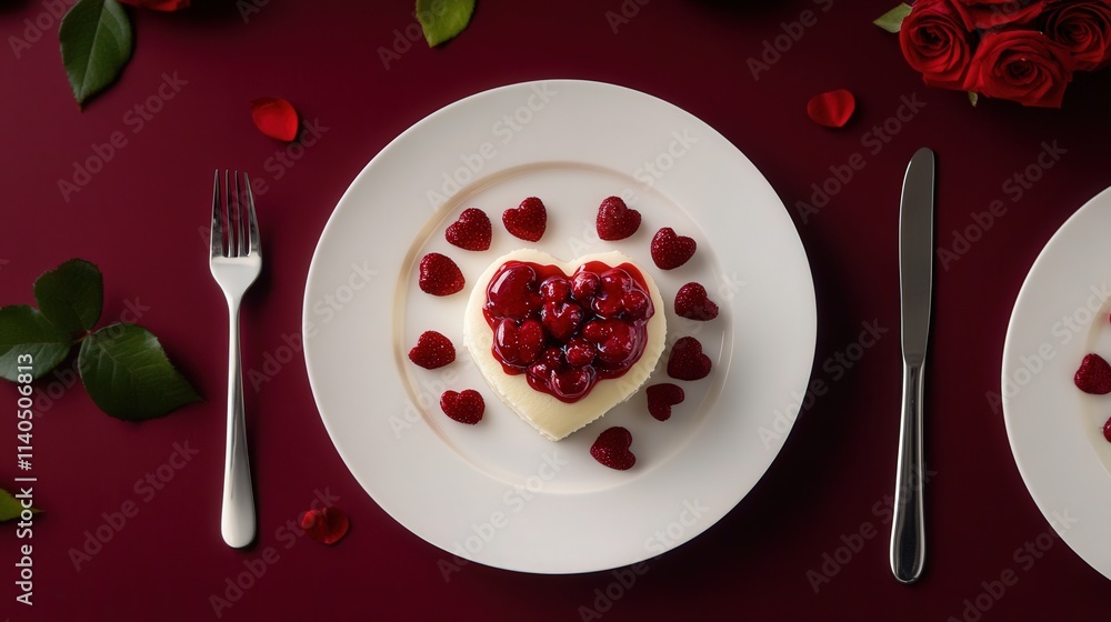 romantic valentine's day table setting with heart-shaped dessert and red rose petals romantic valentine's day table setting with heart-shaped dessert and red rose petals