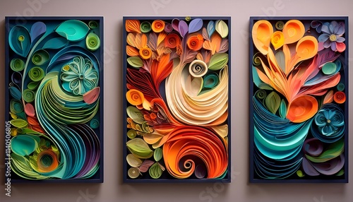 Three Framework isolated on a Wall, colorful paper cut flowers and leaves , three panel Wall Art, set of three vertical Poster