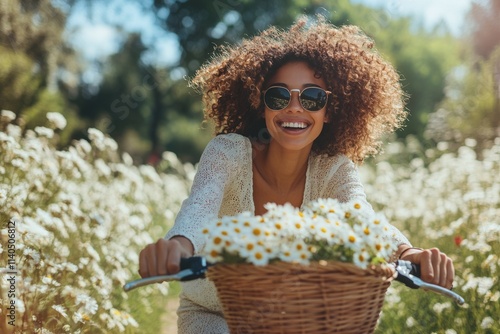 Smiling woman rides bicycle with flowers in basket during sunny day in a field