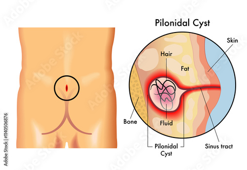 Medical illustration of pilonidal cyst, with annotations.