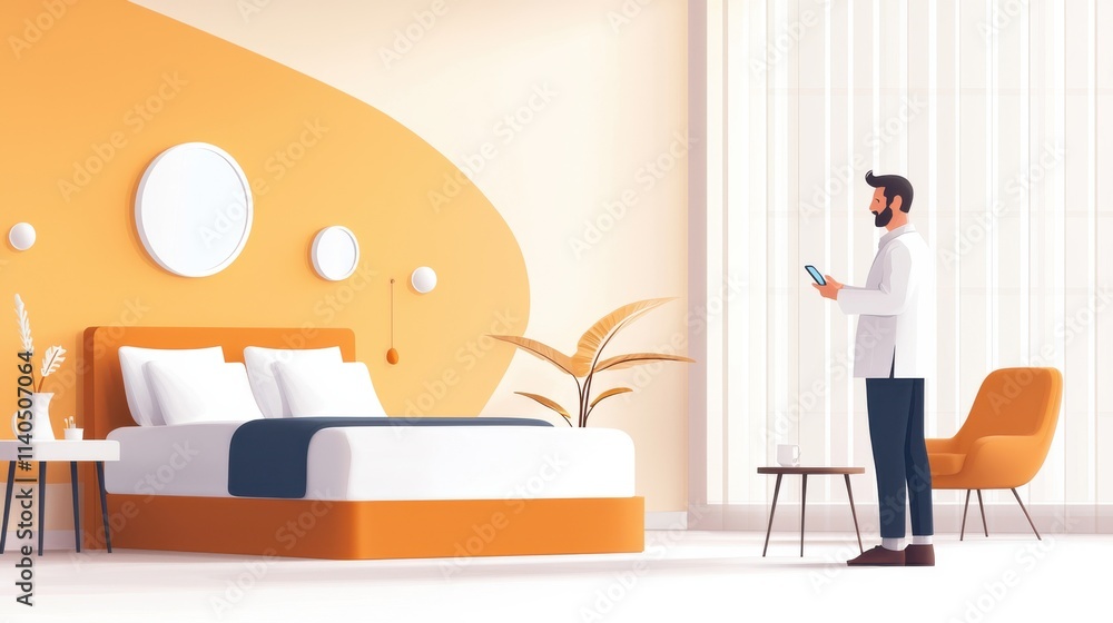 Fototapeta premium Modern Bedroom with Stylish Orange Accents and Minimalist Decor Featuring a Man Using a Smartphone in a Well-Lit Space with Natural Light