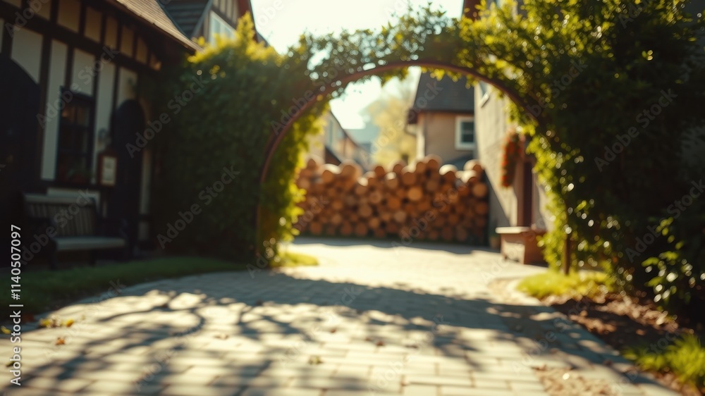 Fototapeta premium Serene Pathway Through a Lush Garden Archway Leading to a Stack of Logs