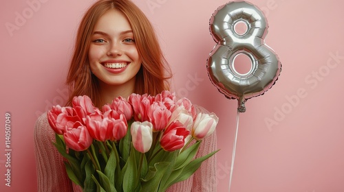 Celebrating a special occasion with flowers and a balloon on a pink background