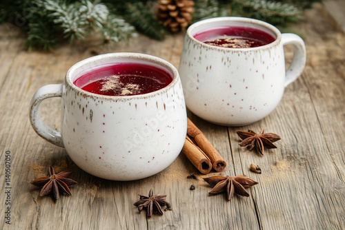 Wallpaper Mural Two ceramic mugs with mulled wine garnished with spices on wooden table. Cinnamon sticks, star anise, and evergreen branches in background. Winter holiday and cozy drink concept Torontodigital.ca