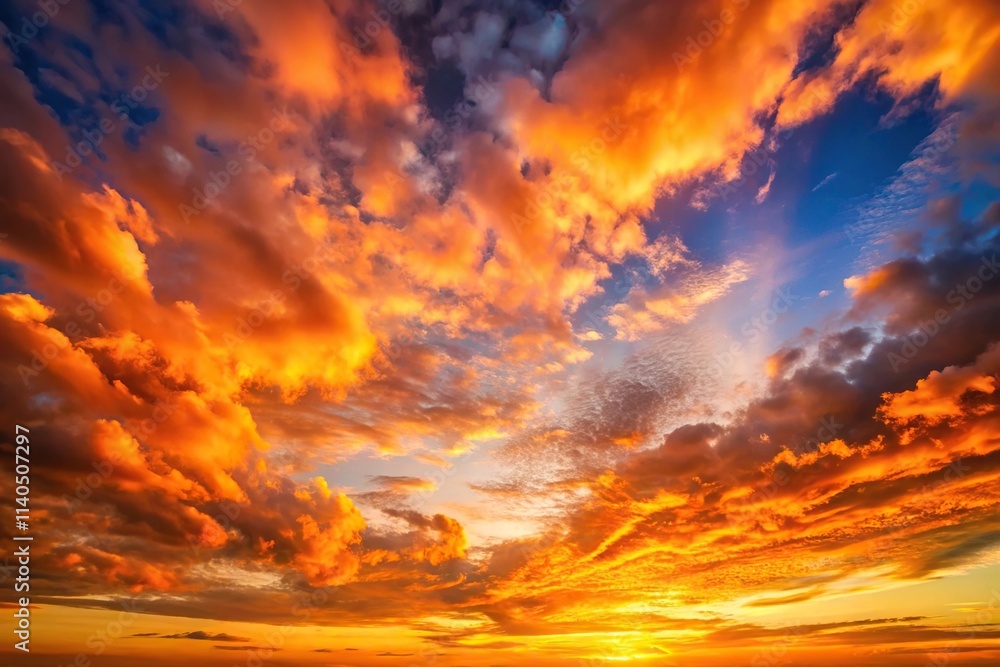 Obraz premium Sunset sky with orange clouds over nature background, wide-angle view