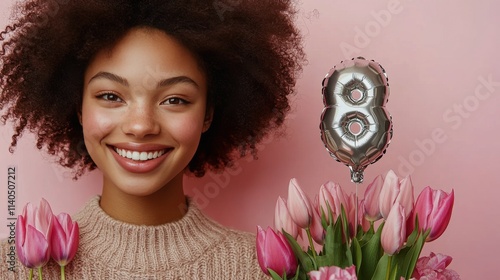 Celebrating a special occasion with flowers and a balloon on a pink background