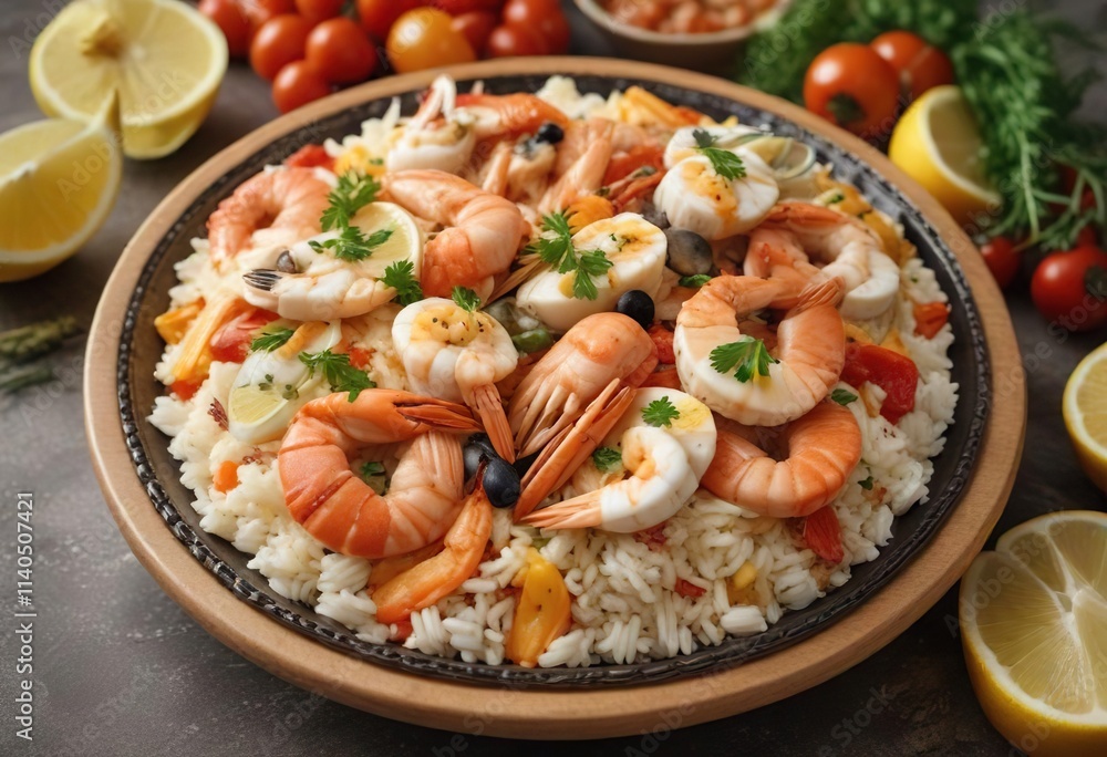Decorado arroz con mariscos al estilo mediterr?neo, ocean-inspired decor, fresh seafood, Mediterranean seafood rice Decorado arroz con mariscos al estilo mediterr?neo, ocean-inspired decor, fresh seafood, Mediterranean seafood rice