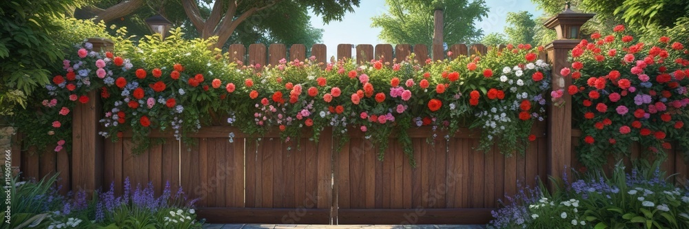 Obraz premium Lush greenery and blooming flowers on a wooden gate with a festive feel, floral arrangements, garden decor, holiday decor