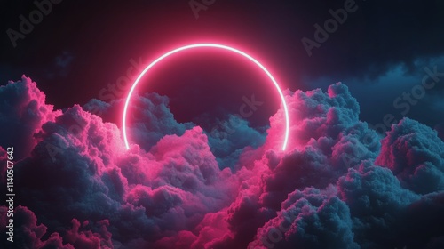 Vibrant neon circle surrounded by colorful clouds at dusk