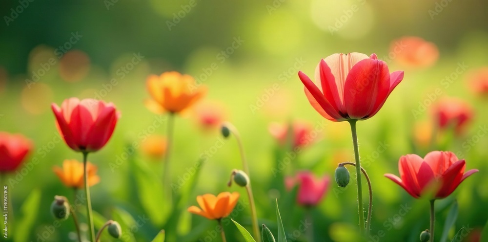 Obraz premium Delicate amapolas petals scattered on a soft, green meadow, landscape, flowers
