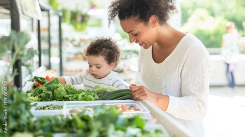 Mother and child shopping for fresh produce at grocery store, family lifestyle photo