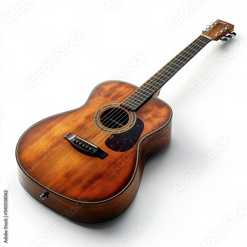Wooden acoustic guitar displayed on a white background showcasing craftsmansh...