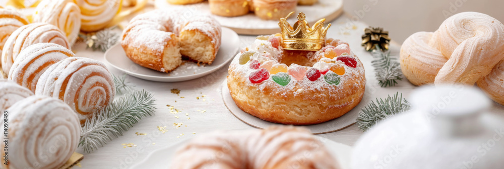 Three kings holiday festive fruitcake topped with colorful candied fruits on a table, background Three kings holiday festive fruitcake topped with colorful candied fruits on a table, background