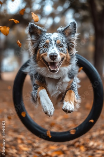 Dog joyfully jumps through hoop in autumn park with fallen leaves