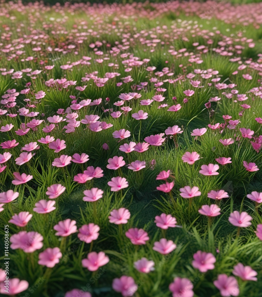 delicate pink flowers scattered on a lush green grass, blooming flowers, garden delicate pink flowers scattered on a lush green grass, blooming flowers, garden