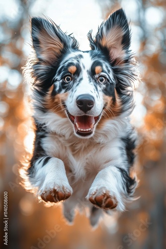 Dog joyfully jumps through hoop in autumn park with fallen leaves