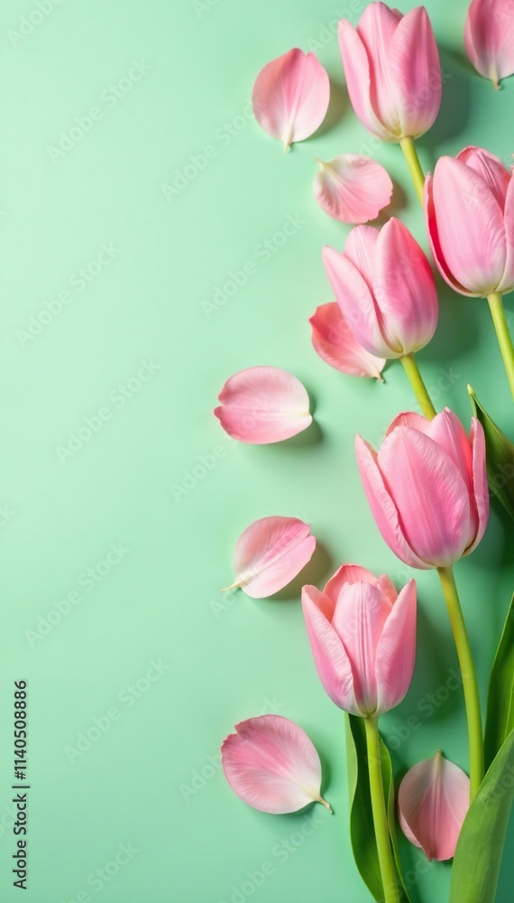 Delicate pink tulip petals scattered on a soft pastel green background, nature scenery, pastel colors Delicate pink tulip petals scattered on a soft pastel green background, nature scenery, pastel colors