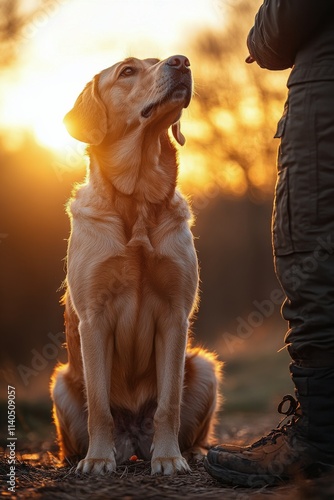 Cute labrador puppy eagerly awaiting a treat during outdoor training session