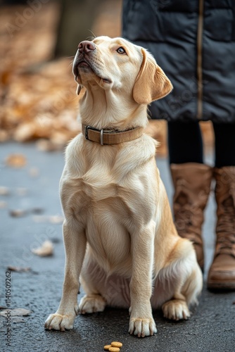 Cute labrador puppy eagerly awaiting a treat during outdoor training session