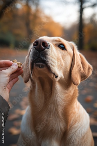 Cute labrador puppy eagerly awaiting a treat during outdoor training session