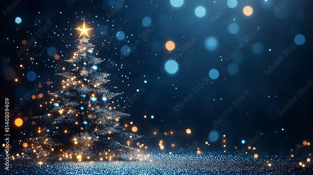 Obraz premium Sparkling Christmas Tree: A majestic Christmas tree adorned with twinkling lights and ornaments stands against a backdrop of shimmering blue and gold bokeh, evoking a sense of warmth, magic.
