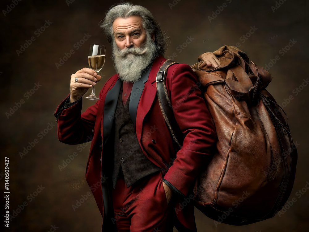 A distinguished Santa Claus with a gray beard wears a stylish red suit and holds a glass of champagne. He leans casually against a large leather bag, suggesting a festive occasion. A distinguished Santa Claus with a gray beard wears a stylish red suit and holds a glass of champagne. He leans casually against a large leather bag, suggesting a festive occasion.