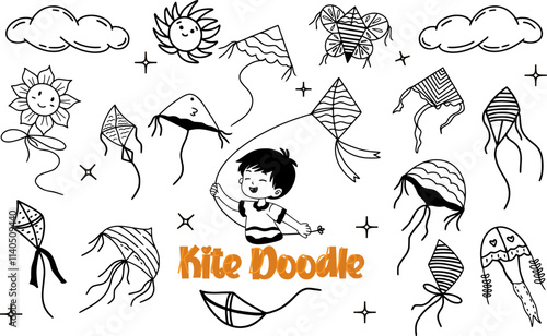 playing kite doodle element vector illustration