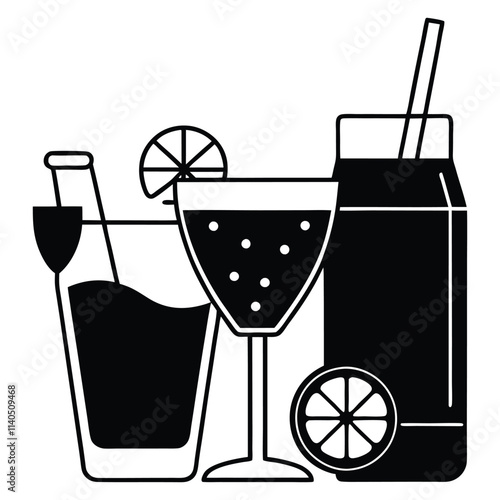 Beverages (juices, soda, mocktails, cocktails) silhouette vector icon illustration,drinks,party celebration  on white background.