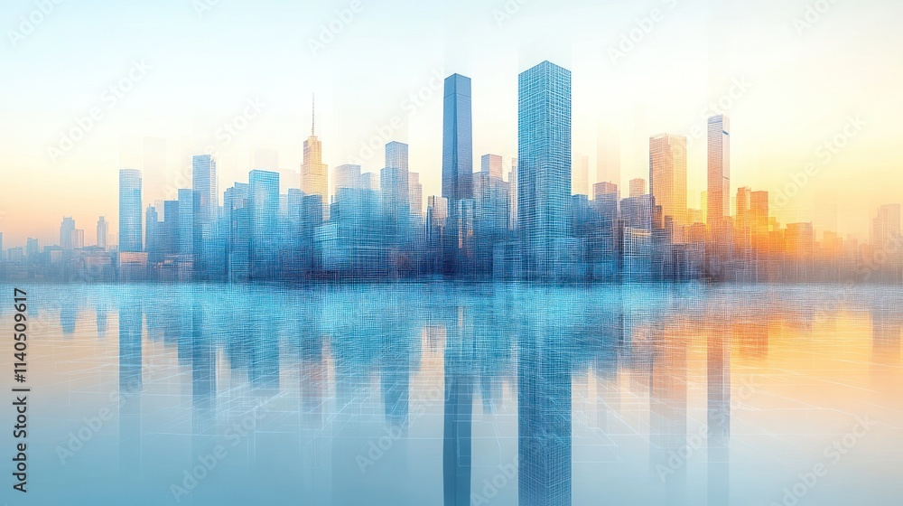 Obraz premium Cityscape reflection at sunrise.
