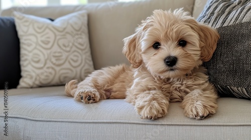 Cute puppy relaxing on a soft couch during a sunny afternoon indoors