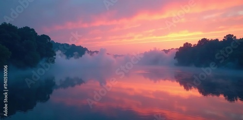 Dense fog rolls over the river's surface at twilight, river, water