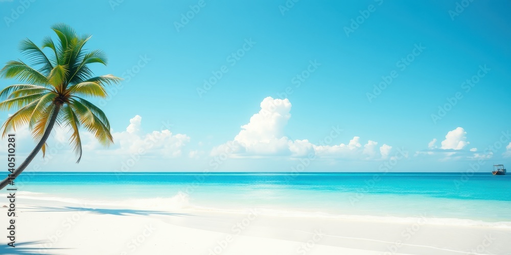 Serene tropical beach scene with palm tree and distant boat under a bright blue sky Serene tropical beach scene with palm tree and distant boat under a bright blue sky