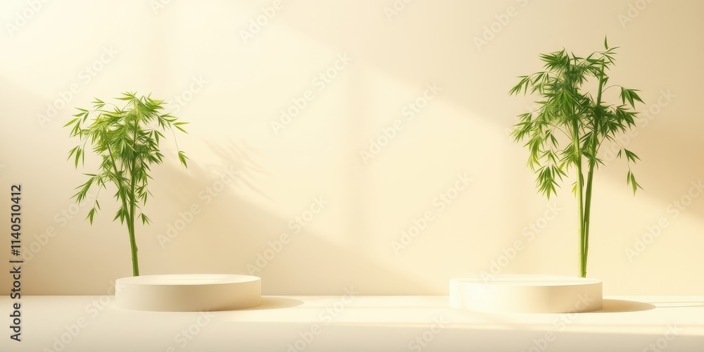 Serene Minimalist Product Display with Bamboo Plants on Cream Platforms Serene Minimalist Product Display with Bamboo Plants on Cream Platforms
