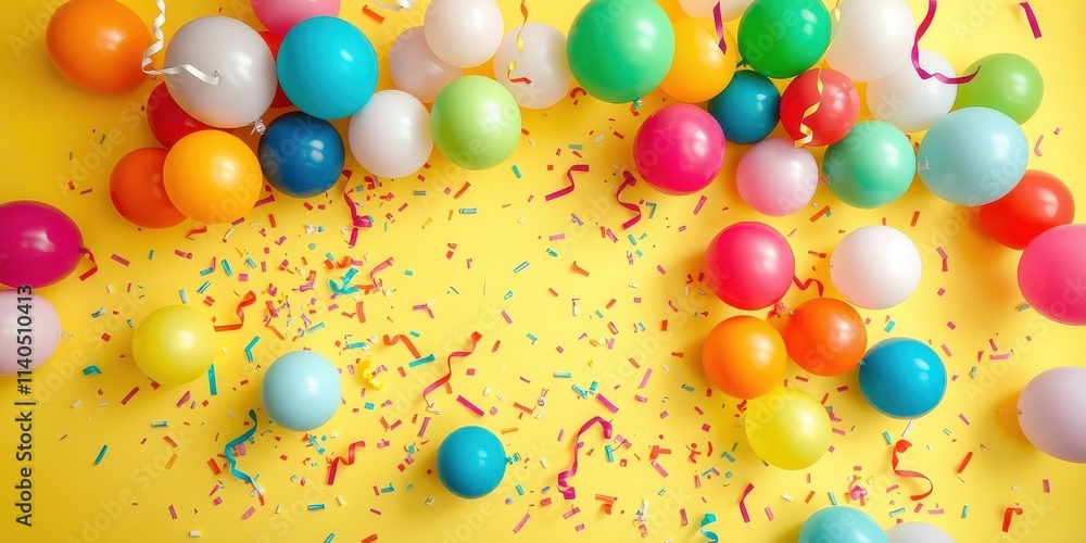 Joyful Celebration Colorful Balloons and Confetti Scattered on a Yellow Background Joyful Celebration Colorful Balloons and Confetti Scattered on a Yellow Background
